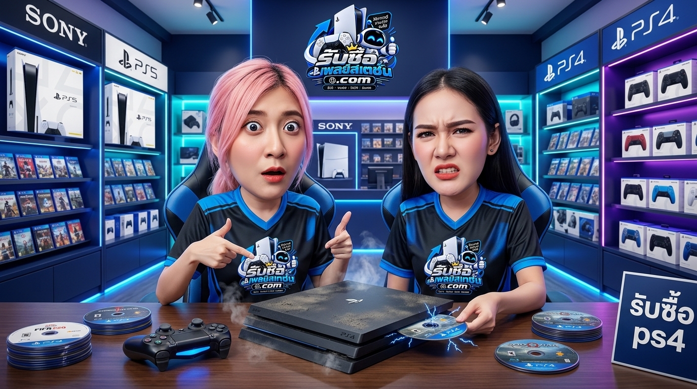 เครื่องเล่นเกมคอนโซล PlayStation 4 พร้อมจอยควบคุม DualShock 4 และสายเชื่อมต่อสำหรับตรวจเช็กสภาพ