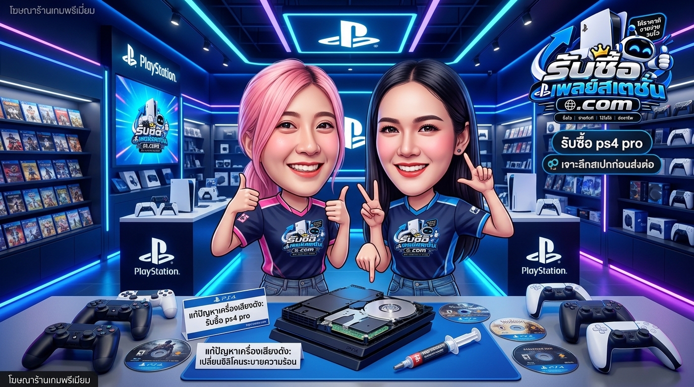 PlayStation 4 Pro ตัวเครื่องสีดำและจอย DualShock 4 วางบนโต๊ะสำหรับการดูแลรักษาและประเมินราคาขายต่อ